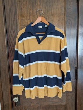 Vtg. Haggar Striped Rugby Polo in Mustard White Navy Quilted Yoke 100% Cotton